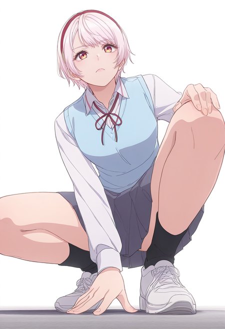 Smooth Quality,masterpiece,beautiful aesthetic, very intricate, high quality details, ultra realistic, high detailed skin,
simple background, white background, 
frown,from below,crouching, one hand on ground, other on knee, intense gaze, balanced stance,  ,
skirt,,vest, 
 <lora:Natsukawa_Renacnn:0.8> rena/cnn, 1girl, short hair,