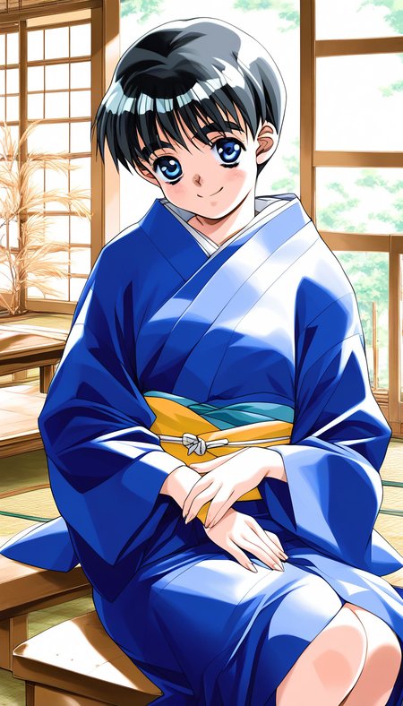 score_9, score_8_up, score_7_up, source_anime, rating_explicit, BREAK <lora:Shinohara_Izumi_XL:1>Shinohara_Izumi, black hair, blue eyes, short hair, bangs, small breasts, 
 solo, japanese clothes, 1girl, 1990s (style), kimono, smile,  indoors, looking at viewer, table, chair, sitting, long sleeves