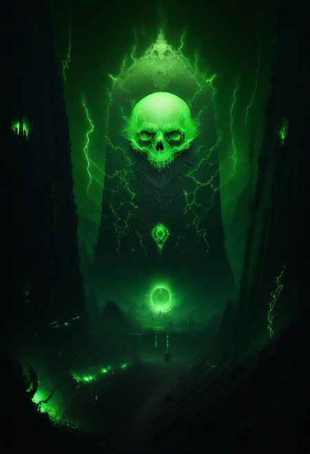 green sun, electricity, green glow, green theme, Necron, giant skull, chaos,