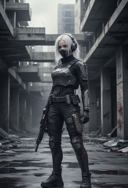 masterpiece,best quality,amazing quality, A vibrant CGI image features a cyborg with helmet, energy weapon, rich in ink and blood splatter and creating a dark, unsettling atmosphere, structure in background, closed eyes, belt, 1girl, gun, weapon, mask, solo, white hair, gloves, assault rifle, rifle, blurry background easynegative, ng_deepnegative_v1_75t