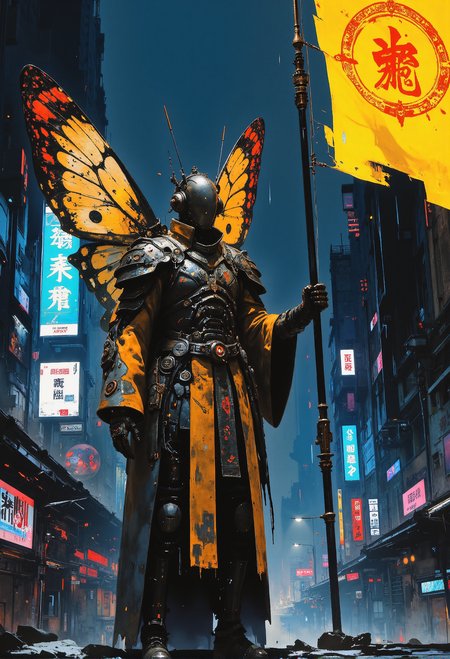 concept art . art by Zdzislaw Beksinski. Create a high-resolution cyberpunk portrait of a samurai-inspired cyborg warrior. The character has robotic, butterfly-like wings, with a metallic, segmented appearance, subtly glowing at the edges. He wears a traditional samurai-style armor, redesigned with futuristic high-tech materials: sleek metallic plates, fiber-optic lights, and holographic elements. In his hand, he holds a long spear with a large flag attached, waving dramatically. The flag features ancient Chinese symbols, intricately designed, glowing slightly in a neon hue. The background is a dark, futuristic cityscape illuminated by neon lights, with rain adding a moody, cinematic effect. epic, glorification, backlit, dramatic lighting, heroic. <lora:artisketchyfs-v02.safetensors:0.75>, <lora:Elden_Ring_-_Yoshitaka_Amano.safetensors:1.0>,  <lora:CPA.safetensors:0.65>,  <lora:Luminous_Shadowscape-000016.safetensors:0.35>, <lora:Glitchcore_Flux.safetensors:0.4>,   . digital artwork, illustrative, painterly, matte painting, highly detailed