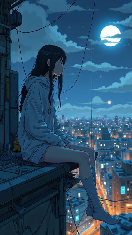 Serene anime-style scene of a young woman sitting on a rooftop at night, gazing at the glowing city below. Her long, dark hair flows in the breeze, soft moonlight reflecting in her gentle eyes. Wearing a cozy oversized hoodie and knee-high socks, her legs dangle over the edge. Vivid anime aestheticsâsoft shading, glowing city lights, smooth gradients, detailed hair highlights, expressive atmosphere, cinematic composition <lora:Blue_Future:1.0> <lora:ç»ªå¿_CGé£æ»¤éFLUX:0.4>