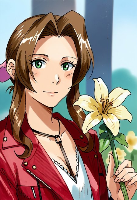 Bpb1,traditional media,semirealistic sketch,2d,Score_9, score_8_up, score_7_up, score_6_up ,aer1th, 1girl, solo, brown hair, flower, green eyes, looking at viewer, holding, holding flower, red jacket, long hair, jacket, portrait, blurry background