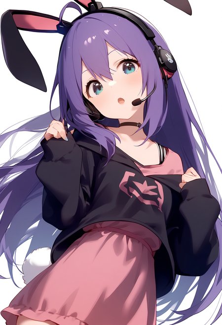 1girl,
mochizuki anna,


blush, long hair, head tilt, headset, open mouth, off shoulder, animal ears, blue eyes, ahoge, looking at viewer, solo, off-shoulder dress, dress, collarbone, tail, hood down, hoodie, black hoodie, simple background, hair between eyes, very long hair, white background, rabbit tail, long sleeves, purple hair, rabbit girl, sleeves past wrists, hood, puffy sleeves, puffy long sleeves, rabbit ears, pink dress,

sfw
<lora:a31_char_new_mochizuki_anna-000028:1> <lora:a31_style_koni-000010:0.8>