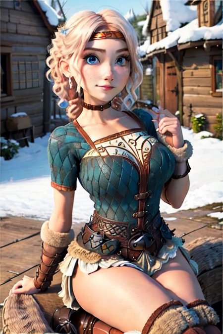 (masterpiece),  seductive pose, flirty mood, looking at viewer, 1girl, Astrid, /How to Train your Dragon/ blonde hair, blue eyes, short_hair, red boots, adult actress, porn star, nsfw:2, sexual content:2, sky blue eyes, perfrect eyes, bright eyes,  4k, flat belly, hourglass figure, voluptuous, milf body, detailed background of a viking village, sunny weather, daytime,oda non,<lora:add_detail:1>,clean hands, sharpen image