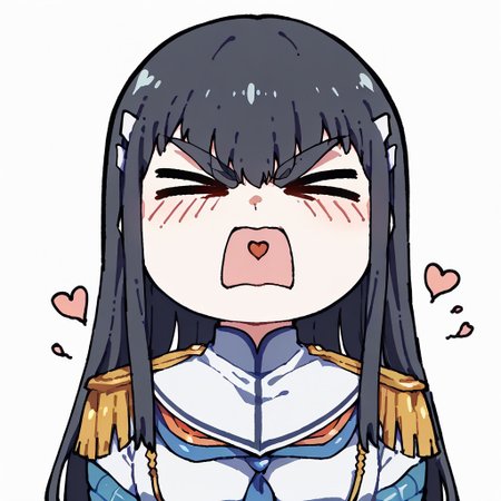 score_9,score_8_up,score_7_up,score_6_up,score_5_up,score_4_up, AyanamiBarrageMeme, chibi, closed eyes, open mouth, > <, heart in mouth, satsukiklk, long hair, black hair, thick eyebrows, epaulettes School Uniform, rose petals, (face focus), (head focus), white background
