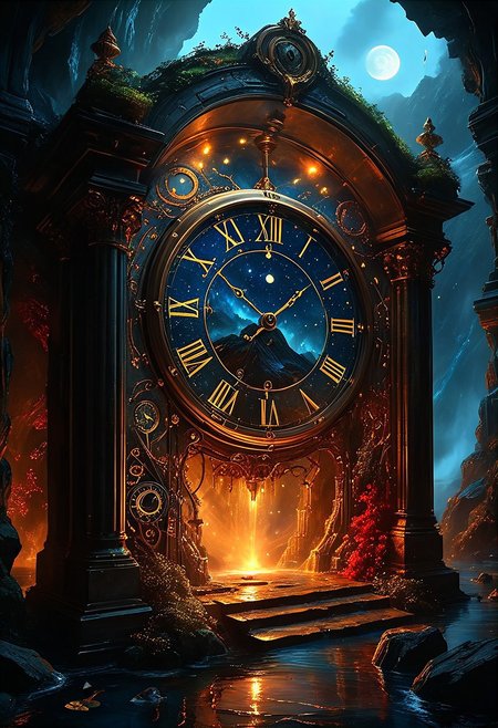 top- down, fantastical and surreal scene, closeup inside of an enormous ancient pocket_clock standing upright with its cover open revealing a magical portal, portal inside the clock, Through the portal is a breathtaking landscape unfolds, towering mountains, a cascading volcano, a steaming river winding through a burned forests, The edges of the pocket_clock are adorned with intricate glowing runes and vines, the clock resting on obsidian floor, mystical touch, illuminated by a crescent moon and twinkling stars, dreamlike and otherworldly atmosphere, sense of adventure and wonder, ((red-blue, artifact,
<lora:aidmaMTG-CardsXL-v0.1:1> ,mtg, mtg card)), view from above, 
(score_9, score_8_up:1.1), score_7_up, a fine color ink lineart sketch, (reflective volumetric), raytracing, absurdres, dark, low-key,