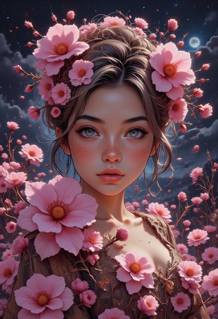 score_9, score_8_up, score_7_up, realistic, petite, (big beautiful eyes:1.2), gorgeous girl, slim body, small perky breast, 8K, Masterpiece, best quality, 1 girl, 25 years, solo, blue eyes, 3D anime art, woman on a hill covered in bright pink and red flowers, wind blowing through her hair, petals floating around, magical backdrop, intricate details, glowing elements, vibrant and calm, high resolution, Dutch angle, ((full body)), dark theme, Midjourney style, Anke, ballerina dance, ballerina dance with pink and red flowers and gold powders, dancing, night, moon, stars,