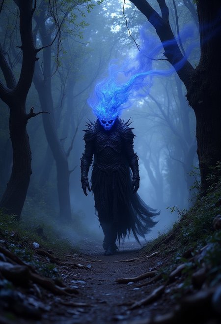 R3tun4L style, "In the heart of the Whispering Woods, a lone figure emerges from the shadows. The Demon Skull Head Knight, blue flames engulfing head, clad in tattered black armor, strides purposefully down the winding forest path. The air is heavy with an eerie, unsettling energy, as if the trees themselves are watching the knight's every move.
Mood:
Ominous and foreboding, with a sense of impending doom
The atmosphere is tense and unsettling, like the calm before a storm
Lighting:
 The forest is bathed in a sickly, yellow-green glow, as if the moon is hiding behind a veil of mist Shadows dance across the trees, making it seem as though the forest itself is alive and moving
Angle Shot: The camera is positioned low to the ground, looking up at the knight as it walks towards the viewer
    The shot is slightly tilted, giving the impression that the world is off-kilter and nothing is as it seems
Additional Details:
 The knight's armor is adorned with twisted, organic-looking spines and horns, giving it a grotesque, otherworldly appearance. The forest floor is covered in a thick layer of mist, making it seem as though the knight is walking through a dream worldThe trees loom above, their branches twisted and gnarled, like skeletal fingers reaching out to snatch the knight"
blue and purple color palette.