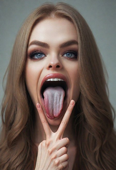 woman , long hair, pretty face, (V Fingers, Tongue out, Tongue between fingers)