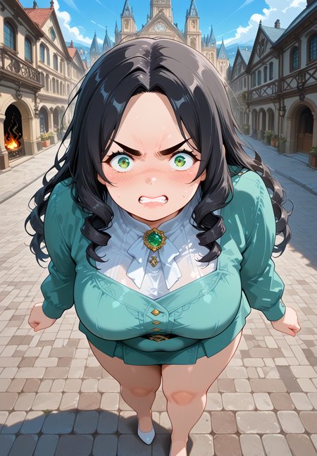 IllusP0s, PonyScores7, source_anime, ah1, IllustriousQual, interesting, exciting, spectacular, wonderful, amazing quality, absolutely eye-catching,
BREAK <lora:xl_more_art-full_v1:0.2>, <lora:aesthetic_anime_v1s:0.2>, <lora:detailxl:0.2>, detailxl, amazing quality, best aesthetic, absurdres, illustration, Volumetric_Lighting, ultra-detailed, very aesthetic, intricate details, best_quality, lazympos, <lora:Add_Details_v1.2:0.4>, <lora:quality_modifiers_masterpieces_v1:0.2>, anime style, <lora:HDA_Detailer:0.3>, <lora:natsumi_style:0.2>, <lora:by_usakun-pony:0.2>, by usakun, <lora:Akina_Bbw_Style_-_PonyXL:0.2>, AkinBw,
BREAK (((A torrent of black flames erupts from fingertips))), dynamic pose, foreshortening, extreme perspective,
BREAK 1girl, mature female, (curvy), round-chin, caucasian, <lora:ETO_OC_Illustrius:0.5>, eto_oc, skindentation, (plump), thick thighs, wide hips, busty, voluptuous, round ass, large breasts, <lora:plussizegirls_IL:0.3>, <lora:plussizegirls_pony:0.3>, <lora:shinyskin2:0.2>, glistening skin, HDA_FatGirlXL, <lora:perfection style:0.2>, perfection style, perfection, 
BREAK ((soft mint green dress paired with white flats)),
BREAK (curly hair), long hair, (black hair:1.4), (parted hair:1.7), messy hair, kinky curls, detailed hair, <lora:hairdetailpxl:0.2>, hairdetailpxl,
BREAK (half green and brown eyes), (colorful eyes), (multicolored eyes), (downturned eyes:1.4), expressive eyes, perfect eyes, eyes hd, detailed eyes, (round face:1.2), (thick eyebrows:1.3), (plump face), lips, <lora:Round_face:0.2>,
BREAK (((v-shaped eyebrows, wide-eyed, (disgusted:1.2), annoyed expression))), Expressive, emotional, looking at viewer, Face Detailed, <lora:Expressive_H:0.2>, Expressiveh, <lora:Emotional_Anime_Expressions_PonyXL_Concept:0.2>, emotional, <lora:Best_Facial_Expression_LoRA_PONY:0.2>, looking at viewer, <lora:Detailed expressive EXEV style -XL Pony V1.0:0.2>, FaceDetail, <lora:Best_Facial_Expression_Helper_XTREME_ILLU:0.4>, kaogei,
BREAK (((In a beautiful old town with the Florence Cathedral in the background))), (((Ground level, far from viewer))), 4k, 8k, Ultra HD, Masterpiece, Best quality, Detailed background, full_details, <lora:AddMicroDetails_Illustrious_v3:0.2>, addmicrodetails,