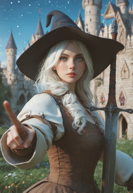 safe_pos, young woman, solo, Looking at viewer, Masterpiece a stunning female witch, ((full clothed witch outfit with armor, witch hat)), Blue eyes, long bob white hair with bangs, Dynamic action pose,
(Holding a huge sword:1.5)
Background: (Medieval castle, night sky: 1.9)
score_9, score_8_up, score_7_up, score_6_up, source_cartoon, rating_explicit, Expressiveh, (((((upper body))))), dynamic pose
 <lora:Dynamic Poses:1>
 <lora:detailed_notrigger:1>
(((full clothed)))