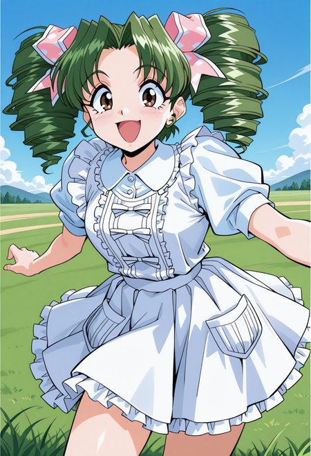 shimura_mami, brown eyes, green hair, twin drills, twintails, hair ribbon, pink ribbon, puffy short sleeves, white dress, frills, skirt pocket, <lora:Graduation_shimura_mami_illustrious_ver1:0.8>
smile, open mouth,, masterpiece, best quality, sensitive,, 1girl, solo, blue sky, (grasslands:1.2), looking at viewer,, (cowboy shot, dynamic pose:1.4),