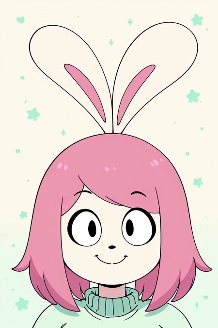 Score_9, score_8_up, score_7_up, masterpiece, best quality, newest, absurdres, highres,1girl, mintyrabbit, pink hair, animal nose, rabbit ears , black eyes, smile, upper_body,  portrait , green sweater, looking at viewer