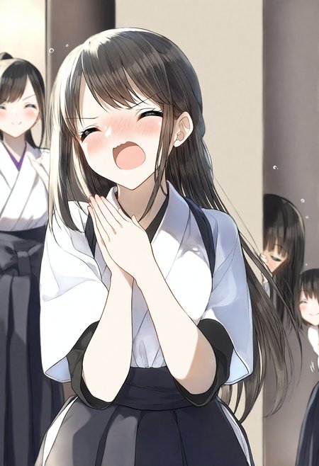 <lora:penta1_noob1.1-000139:0.9>,
3girls, short over long sleeves, peeking out, blurry background, layered sleeves, multiple girls, closed eyes, hakama, japanese clothes, blurry, blush, hakama skirt, black hair, long hair, short sleeves, white kimono, skirt, depth of field, black hakama, long sleeves, kimono, closed mouth, nose blush, facing viewer, v-shaped eyebrows, open mouth, very long hair, wavy mouth, wide sleeves, ponytail, own hands together, hands up, brown hair, smile, black skirt, ^_^, solo focus,
masterpiece,best quality,newest,absurdres,highres,very awa,