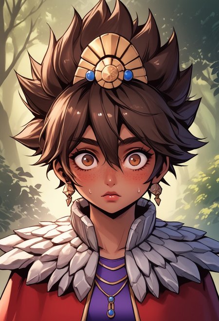 score_9, score_8_up, score_7_up, score_6_up, score_5_up, score_4_up, score_9, score_8_up, score_7_up, detailed, intricate details, chromatic aberration,  veins source_anime, , (best quality) , (highly detailed) ,((masterpiece)), ((best quality)), (ultra-detailed), ((extremely detailed)), (high resolution), 4K, (8K), best quality, (beautiful), (dynamic lighting), (super detailed skin), sharp focus, (1_girl, solo focus),  score_9,score_8_up,score_7_up,anime coloring, big eyes BREAK source_anime,anime, TaliyahLoLXL, dark skin, tanned skin, Dark skin female, dark skined, freckles, brown eyes, brown hair, short hair, sidelocks, hair between eyes, hair ornament, spiked hair, medium breasts, stone capelet, cape, red jacket, purple dress, solo,  front view, solo focus, wide eyed, panicked, panic, mouth open, blushing, suprised, sweating, bewildered, hands up, looking at viewer, forest, tree <lora:TaliyahLoLXL:0.9>
(Upper body, portrait) , phantom_ix_row_style, masterpiece, best quality, <lora:PhantomIxRowStyle:0.9>, "Closer to artist's style"