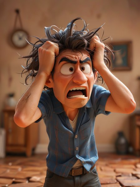 A frustrated character tearing their hair out in frustration, overwhelmed by obstacles,   <lora:Cute_3D_Cartoon:0.8>