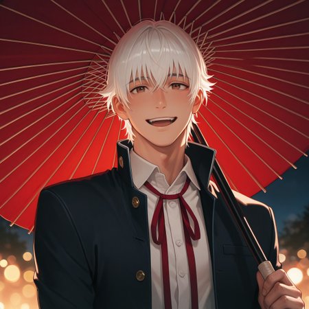 masterpiece, best quality, amazing quality, absurdres, newest, detailed background, definition so sharp, Ultra-HD, 8K cinematic, very awa, impressionate, amazing quality, highres, 
solo, male focus, manly, mature male, bara, bokeh, night, warm light, blurry background, outdoor, 
yashiroisana, 1boy, short hair, bangs, shiro_white hair, shiro_brown eyes, gakuran, white collared shirt, red neck ribbon, oil-paper umbrella, holding umbrella, close umbrella,
smile, happy face, open mouth