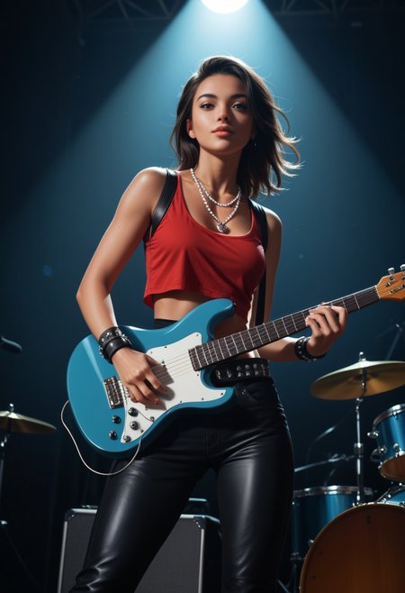 score_9, score_8_up, score_7_up, score_6_up, score_5_up, score_4_up, A young woman, likely in her late teens or early twenties, with dark hair and a medium complexion, is positioned on a stage, playing an electric guitar. She is centered in the image but slightly to the left of the frame.  She's facing the viewer, her expression focused and intense as she plays.  She is wearing a sleeveless, vibrant red top, black pants or skirt, and a studded belt.  A bandana or wristband is visible around her wrist.  She is wearing jewelry including a layered necklace with a pendant.  Her body is slender and athletic. The setting is a rock concert, with other musicians playing instruments (drums and a guitarist) in the background.  The stage is lit by bright stage lights, creating a dynamic atmosphere.  The image has a 1970s-1980s rock concert vibe, with muted tones of light red, black, white, and gray dominating the colors. The perspective is from slightly in front of and slightly above the woman, with a focus on her playing the guitar. The overall style is a snapshot of a concert performance with a clear emphasis on the musical artist.
