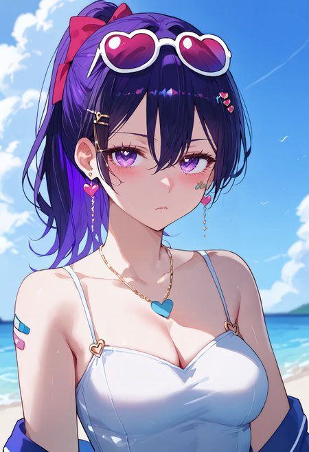 score_9,score_8_up,score_7_up,  <lora:qiandaiyiyu_style_pdxl_goofy:1>1girl, heart, eyewear on head, jewelry, solo, hair ornament, necklace, purple eyes, bandaid, breasts, hair between eyes, ring, looking at viewer, cleavage, hairclip, closed mouth, ponytail, black hair,, earrings,sunglasses, upper body, purple hair, blush, bare shoulders, bow, medium breasts