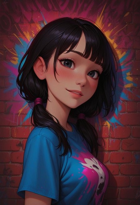 masterpiece, best quality, amazing quality, p0nyd1sney1ncasev1x0n2:1.5, 1girl, 25 years old, perfect face, 
from side, detailed face, portrait, face focus, depth of field, looking at viewer, blush, shy smile, (close up),
black eyes, 
black hair, low twintails, 
blue shirt, print shirt,
graffiti, colorful, mural, spray paint, brick wall,