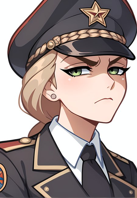 score_9, score_8_up, score_7_up, score_6_up, score_5_up, score_4_up, source_anime
BREAK
katyastick, 1 girl, solo, closed mouth, solo, saluting, black soviet trenchcoat, black soviet officer cap, soviet officer uniform
BREAK
white background <lora:Katya_Stick:0.75>