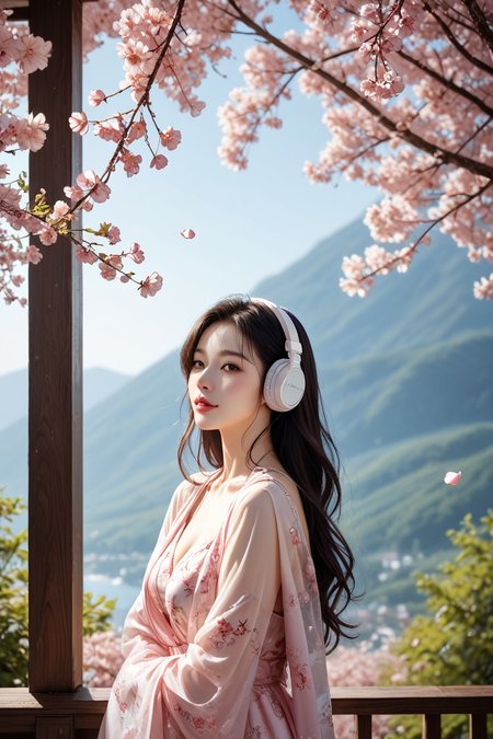 photorealistic photography of a dreamy scene of a woman perched on a cherry blossom tree, surrounded by pink petals floating in the breeze, wearing large headphones, lost in music, soft beams of sunlight breaking through the canopy, hyper-realistic, ultra-detailed floral patterns, naturalistic lighting, soft pastel colors, flowing dress fabric, intricate hair strands, relaxed and peaceful expression, ambient occlusion, ray-traced reflections, high contrast, ethereal glow, dynamic depth of field, cinematic framing, tranquil mood <lora:add-detail-xl:0.5>, <lora:Expressive_H-000001:1.2>, <lora:IzayoiLycoXL:0.3>, embedding:pureerosface_v1, A stunning real medium breasts Korean woman with long flowing dark hair, her piercing gaze directly addressing the viewer. score_9, score_8_up, score_7_up,  (ultra HD quality details), High Fashion,