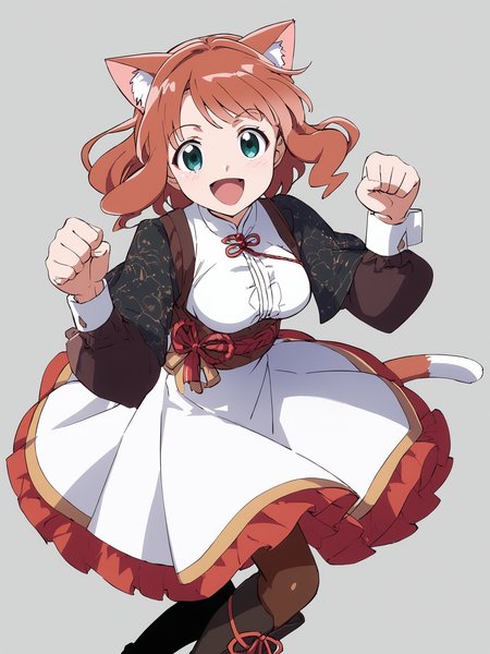 woman, 20 y/o, 20 year old, 20 year old woman, score_7_up, score_8_up, score_9, BREAK masterpiece, high quality, 1girl, <lora:Nefertima_PonyXLv3-000007:0.9>, nefertima-nema, dress, medium breasts, simple background, cat ears, cat tail, paw pose, boots, big smile, adult
