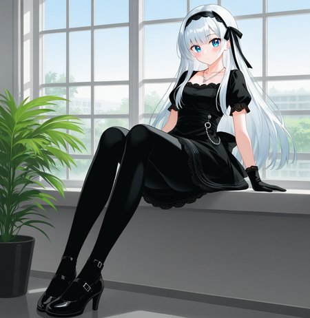 1girl,  bangs, black_dress, black_footwear, black_gloves, blush, collarbone, dress, gloves, hair_ribbon, hairband, indoors, jewelry, long_hair, necklace, plant, ribbon, shoes, short_sleeves, signature, sitting, solo, window, ((dark black pantyhose)), silver hair, blue eyes, opaque pantyhose