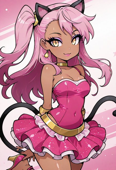 masterpiece, best quality, solo, curvy, beautiful eyes, narrow waist, wide hips, 1girl, solo, smile, looking at viewer, foreshortening, close up, anime screenshot,    zzKuro, yellow eyes, pink hair, long hair, one side up, dark skin,, cat ears, cat tail, makeup, sleeveless, pink skirt, idol, jewelry, eyeshadow, high heels, lipstick,  C0utur3Cr4z3, hands behind back, chest forward, cowboy shot, smile, looking at viewer,
