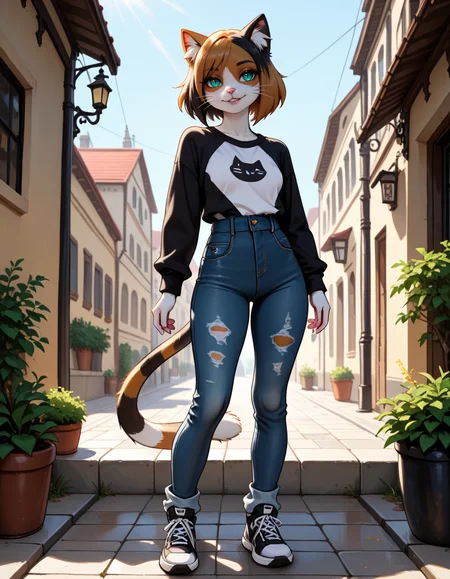 masterpiece, best quality, very aesthetic, absurdres,
outdoors, casual, 
full body, standing, posing, 
seductive smile, parted lips, long eyelashes,
 <lora:Kawa_v01_NAIXL:1>
K4w4,1girl,solo,furry,furry female,cat girl,short hair,multicolored hair,cat ears,aqua eyes,slit pupils,snout,animal nose,whiskers,body fur,two-tone fur,cat tail,striped tail,