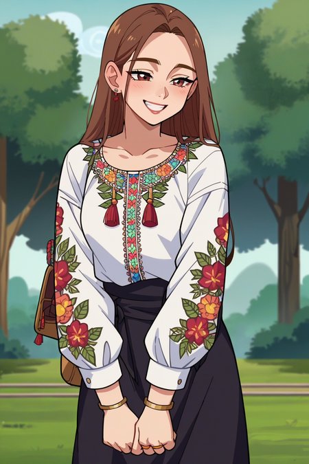 score_9, score_8_up, score_7_up, score_6_up, score_5_up, score_4_up, BREAK source_anime,anime screencap,rating_explicit,1girl,solo,anime screencap,smile
edgVyshivanka, a woman in a white blouse and black skirt ,wearing edgVyshivanka, edgVyshivanka_style_embroidery
 <lora:edgVyshivankaPony:1>