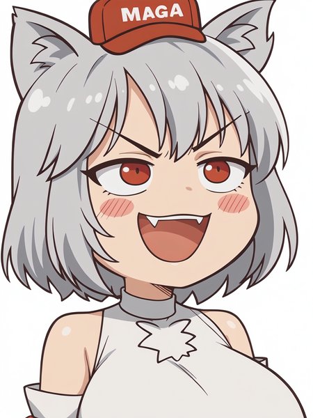 score_9, score_8_up, score_7_up, score_6_up, score_5_up,
(Smug, incredibly_smug, open_mouth, leaning_back, )
Awoo, , 1girl, solo, animal_ears, huge_breasts, red_eyes, open_mouth, hat, wolf_ears, fangs, smile, :3, tokin_hat, chibi, simple_background, v-shaped_eyebrows, short_hair, :d, detached_sleeves, blush, white_hair, white_background, blush_stickers, bare_shoulders, meme, fang, grey_hair, red_headwear, upper_body
<lora:inubashiri_momiji_pony:1>   <lora:Awoo_SDXL:.5> <lora:Danny_Phantom_(Style):.5> <lora:Dagashi_Kashi:.5>