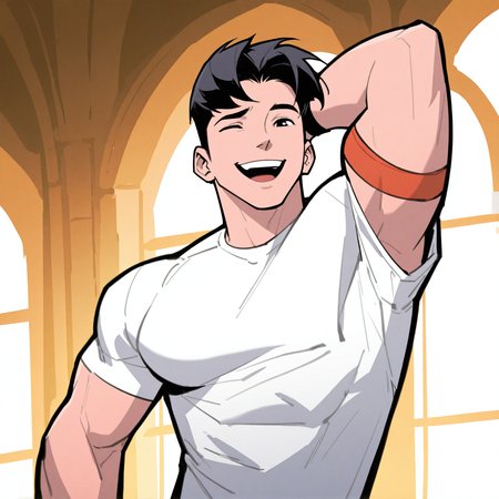 <lora:TIM_DRAKE:1>tim_drake, solo, looking at viewer, smile, open mouth, short hair, shirt, black hair, 1boy, white shirt, upper body, male focus, short sleeves, teeth, one eye closed, indoors, black eyes, arm up, window, upper teeth only, ;d, t-shirt, armband, wristband, arm behind head, twenty-something, muscular, western comics (style), motion blur, film grain, abstract, natural lighting, fantasy, cinematic, dynamic, very awa, masterpiece, best quality, absurdres, newest, perfect quality, detailed background, intricate details, (artist:fl \(l-fl\):0.7), (artist:tooboshoo:0.7), (artist:dizdoodz:0.8)