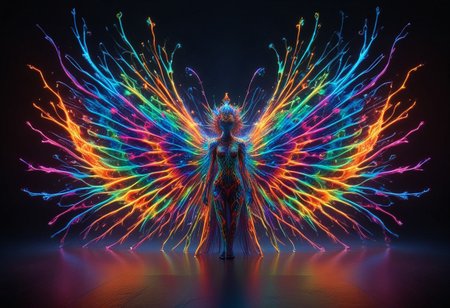a fire entity whit multicolored flames, professional photography of an fantastical warrior fairy princess entirely made of cyberflies with whimsical elements, swirling magic, eerie fairytale landscape, elaborate fantasy style art, very colorful, intricate details, ultra sharp, exquisite detail, flawless composition, vivid colors, masterpiece, exciting background, TAS, TASvisuals, Psychedelic , Rave, Elaborate , Blacklight , Vibrant , cyberflies, black light paint, blp, Colorful Chaos Cracks and Drops, mad-glowtiedye, made out of,colorful,liquid,Murano Art Glass