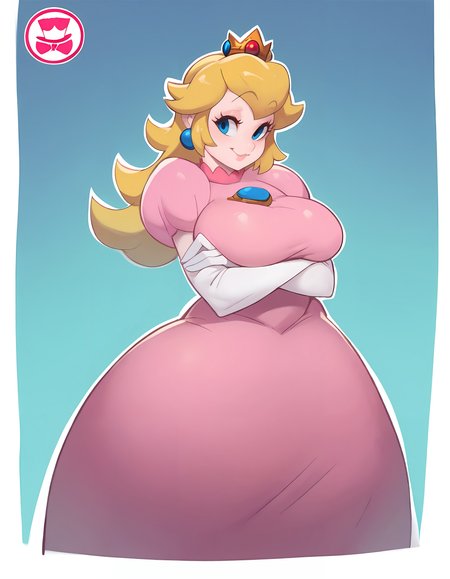 score_9, score_8_up, score_7_up, score_6_up, score_5_up, score_4_up, Schp1cy, , 1girl, princess peach, dress, pink dress, crown gloves, arms crossed, big hips, big breasts, big ass, blue background, white outline, smile   <lora:SchpicyStyle-03:1>,
