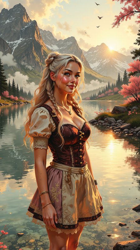 High-resolution anime-style illustration with bold, expressive brushstrokes and warm, golden sunlight. A stunning young woman stands near the edge of a crystal-clear alpine lake, nestled between majestic snow-capped mountains and lush spring meadows bathed in the soft, golden glow of the late afternoon sun. Her long, wavy platinum blonde hair, styled into elegant braided twintails, shimmers in the warm light, delicate strands catching in the gentle breeze. Her piercing blue eyes reflect the lakeâs surface as she gazes confidently across the tranquil water, her lips curved into a playful smile.
She wears a seductively modern take on a traditional dirndlâa low-cut, corset-style bodice in deep burgundy with intricate golden embroidery, cinching her waist and accentuating her curves. The short, layered skirt in soft cream and blush tones flutters slightly, revealing glimpses of lace-trimmed petticoats. Sheer puffed sleeves rest off her shoulders, adding a delicate yet sultry touch. One hand rests on her hip, while the other lifts slightly as if feeling the warmth of the setting sun, her posture effortlessly elegant yet playful.
The lakeâs glassy surface mirrors the golden sky, casting a radiant shimmer over the water, while gentle waves lap against the shore. The air is thick with the sweet scent of fresh grass and blooming wildflowers, and the distant sound of cowbells blends with birdsong. The warm sunlight filters through the cherry blossoms drifting lazily in the breeze, painting the landscape in hues of soft pink, deep green, and glowing amber, capturing the essence of a romantic Bavarian spring evening. <lora:Vibrantly_Dark_style_v.1:0.7000000000000001> <lora:Oil_Painting_style,_textured_brush_strokes:0.7000000000000001> <lora:Deepjourney:0.5>