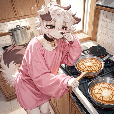 masterpiece, best quality, newest, absurdres, highres, furry, perfect anatomy, detailed background, detailed character, detailed face, 1nf1,1girl,solo,furry,furry female,dog girl,dog ears,short hair,white hair,brown eyes,snout,animal nose,collar,neck bell,body fur,two-tone fur,dog tail, indoors, kitchen, cooking, hand on pan, flipping pancakes, stove, pancakes, pink shirt, oversized shirt, shirt to legs, sleepy, messy hair, messy fur, smile, happy, standing, baggy eyes, half-closed eyes,