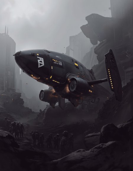 Daniel Hahn art. A futuristic, sci-fi digital illustration shoot from a low angle about a sleek, black spaceship flying over a futuristic cityscape in a foggy environment. the image also shows a dense cityscape with tall skyscrapers and metallic structures in the background. on the middle of the image, a large, sleek, futuristic spaceship appears to be in mid-flight, with a sleek design and glowing yellow lights. the spaceship has a white logo on the side, and it has a digital display that shows the time and other information. the spacecraft is positioned in the foreground, with the cityscape stretching out behind it, creating a sense of depth and dimension. the overall atmosphere is dark and moody, with an ethereal quality to the scene.