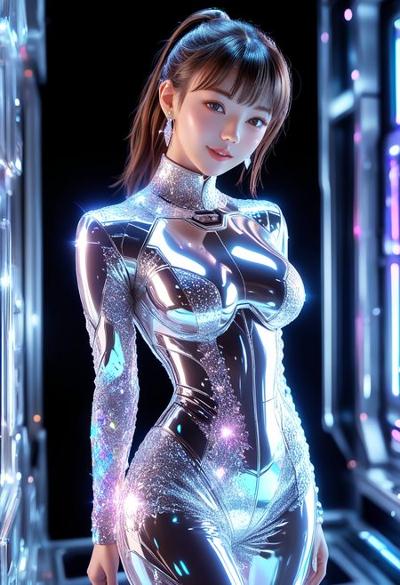 score_9, score_8_up, score_7_up, masterpiece,source_anime, best quality, perfect anatomy, very aesthetic, ((outlined outlined vector graphics)), black background, simple background,glittering, glimmering, 
1girl,cute face, solo,20yo, brown hair, gray eyes, (large breast:1), (ponytail:1.1), medium hair,(curvy:1.1),bangs,  looking at viewer,, jewelry, earrings, parted lips,indoors,, lips,blue rainbow crystal outfit, rainbow crystal dress, long sleeve ,  standing ,  leaning back ,  arms behind back, ,looking away ,  ,pants, (clothed:1.4) , smile , latex, science fiction ,  <lora:rainbow-outfit-realistic-01-step00000800:1>