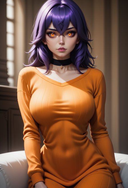 score_9, score_8_up, score_7_up,
1girl, solo, sexy sweater dress, orange dress, scoop neck, long sleeves, black choker,
 <lora:Dark_Amethyst_Pony_v0.1:0.5> d4rk4m3thyst, orange eyes, purple crossed bangs,
