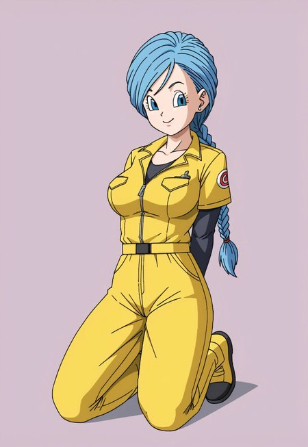 safe_pos, 
score_9, score_8_up, masterpiece, stunning realistic, best quality, sharpness, easynegative, ng_deepnegative_v1_75t, negative_hand,perfect hands,perfect fingers,1 girl,large breasts,yellow jumpsuit, black undershirt, short over long sleeves, layered sleeves ,bulma,(braided hair:1),(very long hair:1),( slick back:1), blue eyes, blue hair,kneeling,(arms behind back;1)