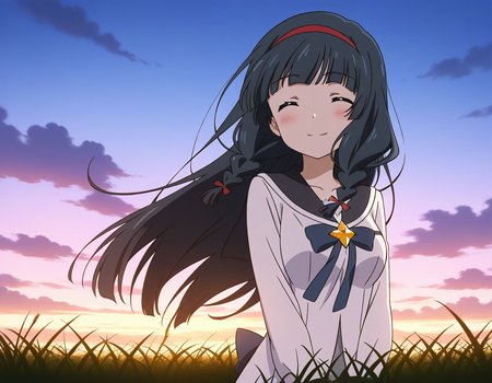 general,highres, ultra-detailed,very aesthetic,best quality ,best hands,  BREAK <lora:Itsuki_Houkago_no_Pleiades_IS:1> BREAK,
Itsuki(Pleiades), 1girl,solo, black hair, long hair, blue eyes, red hairband, twin braids, blunt bangs,breasts, anime coloring, BREAK,
 solo, closed eyes, school uniform, blush, smile, cloud, sky, serafuku, upper body, long sleeves, cloudy sky, closed mouth, shirt, ribbon
grass, sky,