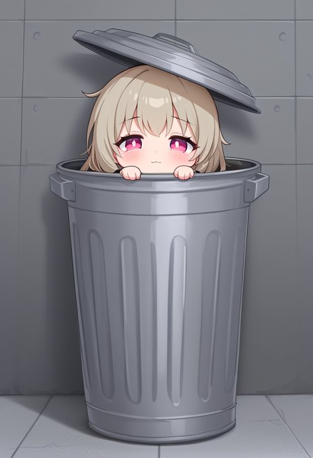 (masterpiece, high quality, amazing detail), highres, 1girl, in trash can, chibi, cute, look at viewer, <lora:In_trash_can:1>