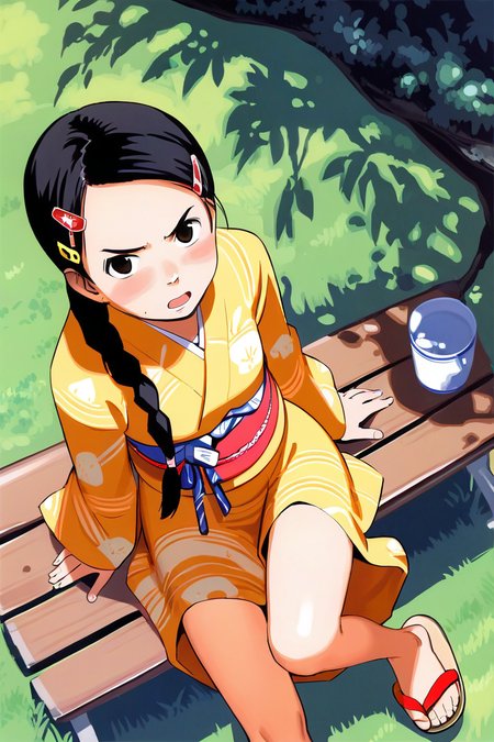 score_9, score_8_up, score_7_up, rating_safe BREAK
1girl, solo, looking at viewer, (suspicious:1.2), blush, braided ponytail, open mouth, blackhair, print yellow yukata, brown eyes, foreshortening, sitting, thighs, zouri, sandals, outdoors, sash, japanese clothes, hairclip, bench, leg up, feet, from above