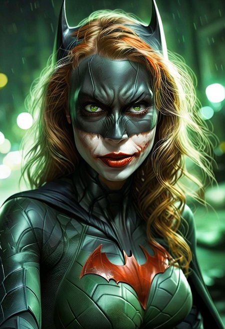 (((close up))) portrait of (batgirl) as a beautiful 25 year old woman, wearing batman mask, petite, small perky breasts, with orange hair, wide green eyes, ((blood shot eyes)), powder white skin, very white skin, pale skin, red lips, smeared lip stick, scary smile,  joker smile,  (((green gas floating around her, green fog floating around her ((looking at viewer)), at night, city roof top, dark, detailed volumetric fog, dark, cinematic lighting.  cold light and colors, cinematic lighting, Photo realism. Gothic atmosphere to imgage