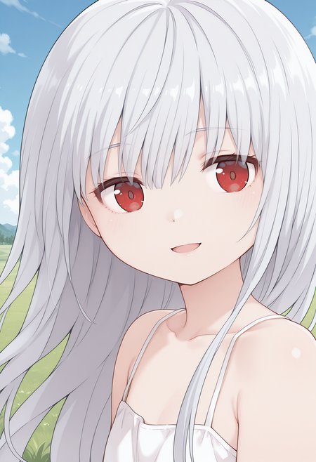 maisora_angel, red eyes, grey hair, long hair, very long hair, bangs, sundress, sleeveless, <lora:maisora_angel_illustrious_ver1:0.8> 
smile,, masterpiece, best quality, sensitive,, 1girl, solo, blue sky, (grasslands:1.2), looking at viewer,, (upper body:1.2), (close-up:1.2), (facing viewer:1.2), (open eyes:1.4), (portrait:1.2)