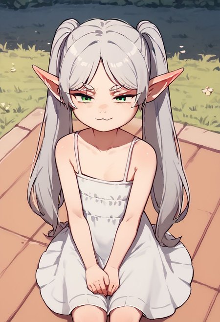 score_9, score_8_up, score_7_up, score_6_up, child_gf,, 1girl, frieren, long hair, twintails, green eyes, grey hair, pointy ears, elf, camisole, smug,