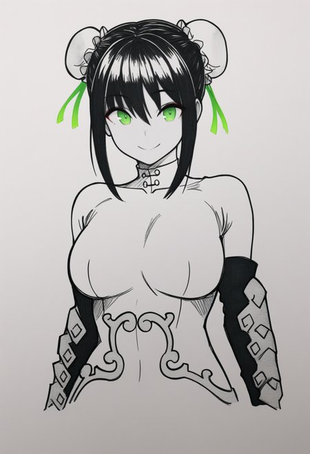 masterpiece, best quality, 1girl, solo, L1angDef, green eyes, black hair, double bun, bun cover, sidelocks, bodysuit, skin tight, fingerless gloves, arm guards, portrait, greyscale, spot color, monochrome, lineart, sketch, graphite \(medium\), traditional media, looking at viewer, three quarter view, smile, simple background, cropped torso, <lora:ChamQinLiangyuNoob:1>
