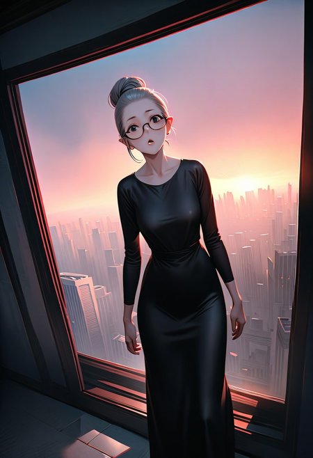 (graphic novel style, dark novel style:1.5),(anime), (masterpiece:1.4), (soft cinematic light:1.1), incredibly lifelike, Extremely high-resolution details, 8k, best quality,extremely detailed, contrast,
high tech design,
 gallery of contemporary art, inside, a old woman walking against the backdrop of a giant floor-to-ceiling window, through which one can see a city landscape with skyscrapers and a sunset ,fullbody, open mouth, ((elderly)) woman in a ((black long dress)) and black high-heeled shoes, elderly, old woman, [Nordic], Hourglass elongated body, Oval Face, Long neck, Rounded shoulders, long slim thin arms, Attached Pointed ears, round forehead, (gray Updo short combed back hair), snub nose, Arched eyebrows, Monolid black Eyes, High Round Narrow cheekbones, Hollow Cheeks, Rounded Chin, Rounded Jawline, thin Lips, (black eyes), (square glasses), Wrinkles and Fine Lines, a large white canvas at the wall,